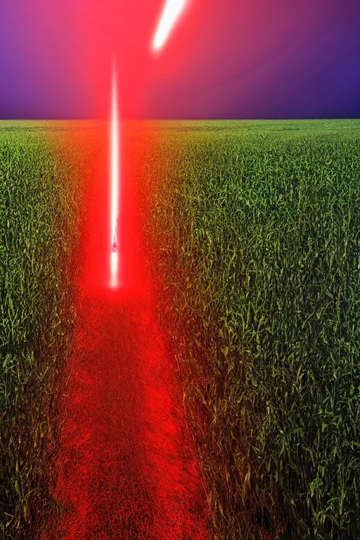 Image similar to Three giant glowing red beacons made out of light in the center of a corn field blasting off into space, 8K UHD