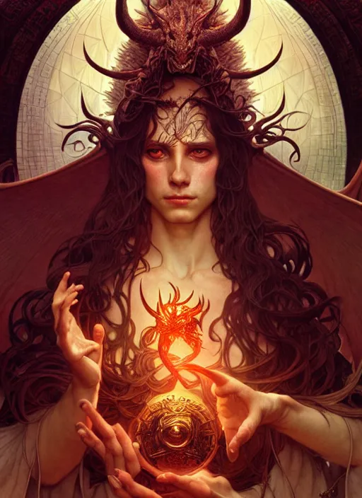 Prompt: a beautiful cd album cover of a satanic sorcerer taming a dragon, intricate, sharp focus, illustration, highly detailed, digital painting, concept art, matte, art by WLOP and Artgerm and Greg Rutkowski and Alphonse Mucha, masterpiece