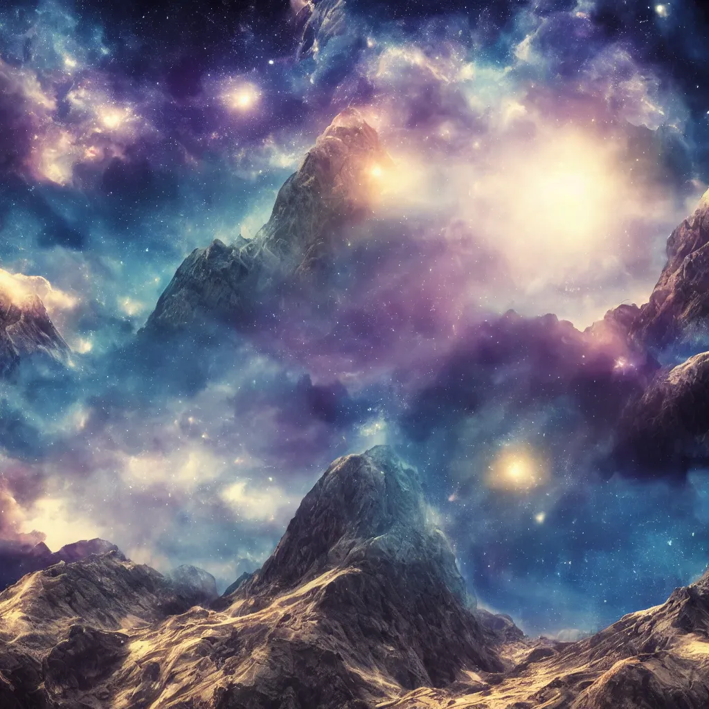 Image similar to vertical, mountains, limit, universe, galaxy, upwards, photo, blue sky, realistic, highly detailed, cinematic