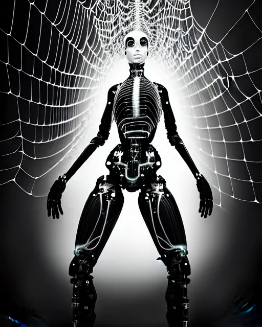 Image similar to black and white cyborg-plant goddess high quality photo, artificial intelligence, bio-mechanical bio-luminescence, artificial spider web, neurons, nerve cells, octane render, cinematic, rim light, hyper realism, photo-realistic, high detail, 8k, in the style of Steven Meisel and Dora Maar and H.G. Giger