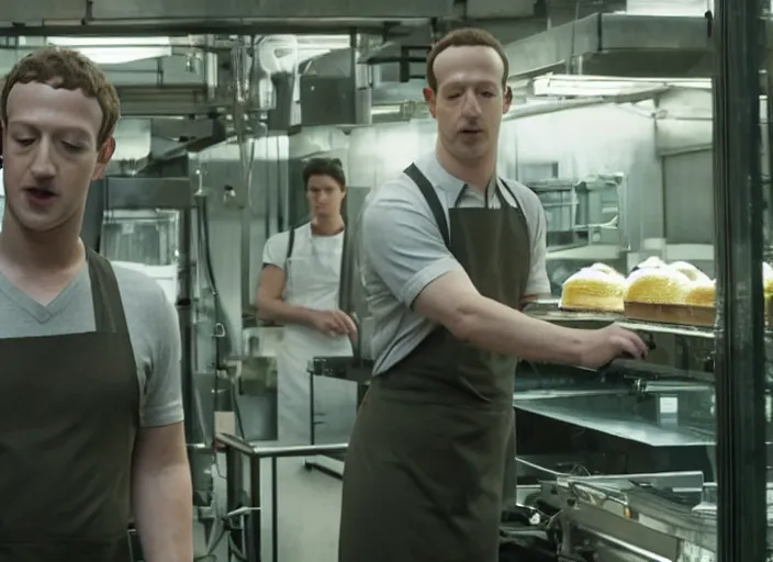 Image similar to film still of mark zuckerberg as agent smith working in a bakery in the new matrix movie, 4 k