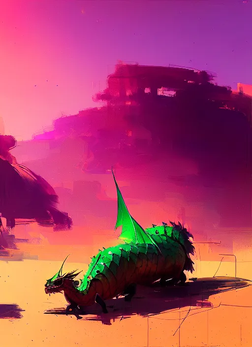 Image similar to green dragon of the desert, purple and red hour, by ismail inceoglu