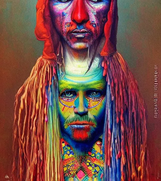 Image similar to Portrait painting in a style of Beksinski mixed with Alex Grey of an old shaman dressed in a colorful traditional clothes. psychodelic