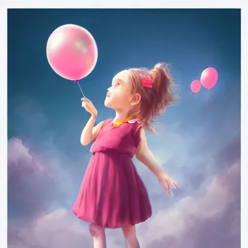 Image similar to a little girl child holding balloons and flying in the sky , dream ,magical, concept art trending on artstation,