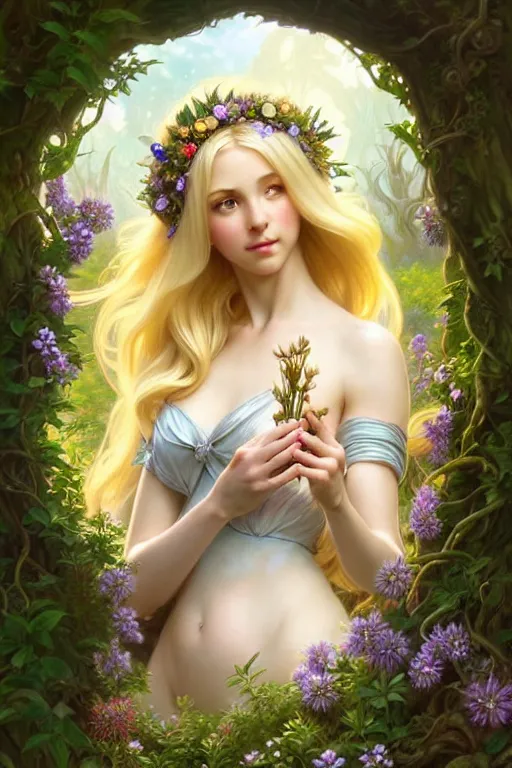 Image similar to beautiful blonde woman in the image of a fairy - tale princess in the garden with a wreath in her hands, deep focus, d & d, fantasy, complex, elegant, highly detailed, digital painting, artstation, concept art, matte, clear focus, illustration, hearthstone, works by artgerm and greg rutkowski and alphonse mucha