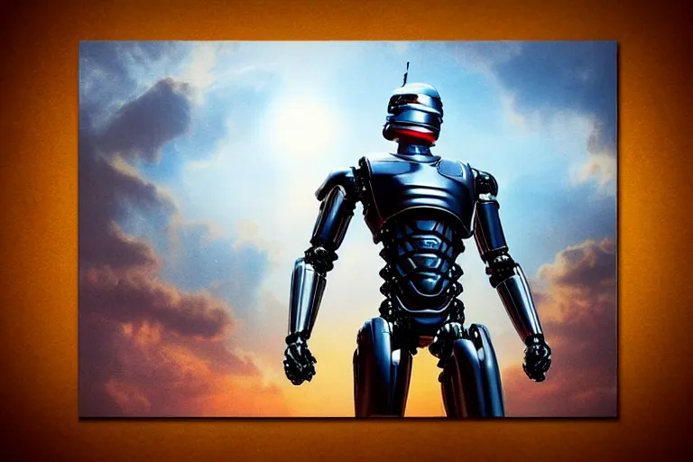 Image similar to robocop, fantasy, painting, ultra realistic!!!, clear weather, golden hour, sharp focus