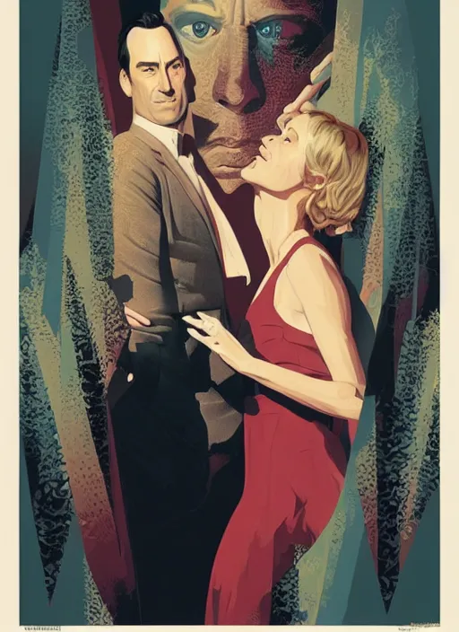 Image similar to poster artwork by Michael Whelan and Tomer Hanuka, Karol Bak of Naomi Watts Jon Hamm husband & wife portrait, creepy smiles, from scene from Twin Peaks, clean, simple illustration, nostalgic, domestic, full of details