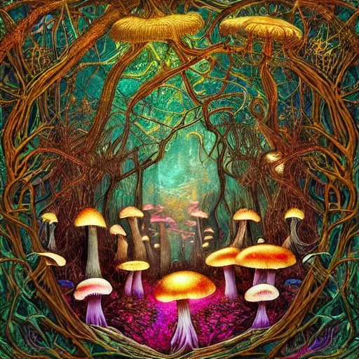 Image similar to psychedelic fantasy forest with glowing mushrooms and eerie trees in the style of Ernst Haeckel and Daniel Merriam, perfect award winning album art