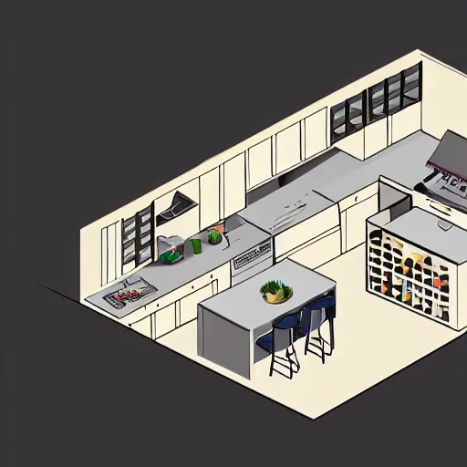 Image similar to isometric view of a kitchen inside a large house