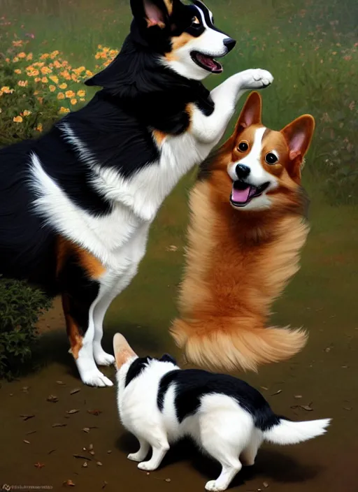 Image similar to ein the corgi playing with a tuxedo cat, fantasy, intricate, elegant, hyper detailed, ultra definition, photoreal, artstation, unreal engine rendered, concept art, smooth, sharp focus, illustration, art by artgerm and greg rutkowski and alphonse mucha and garis edelweiss