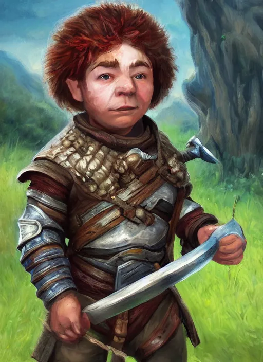 Image similar to A fantasy portrait painting of a halfling fighter prepared for battle on a beautiful meadow, DAZ, hyperrealistic, ambient light, dynamic light, trending on artstation, d&d, RPG portrait