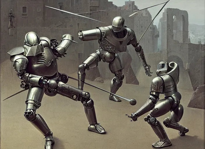 Prompt: fight knights in armor vs robocop, rome, highly detailed, soft lighting, elegant, works by edward hopper and james gillard, zdislaw beksinski, stephen outram, andreas m wiese, highly detailed