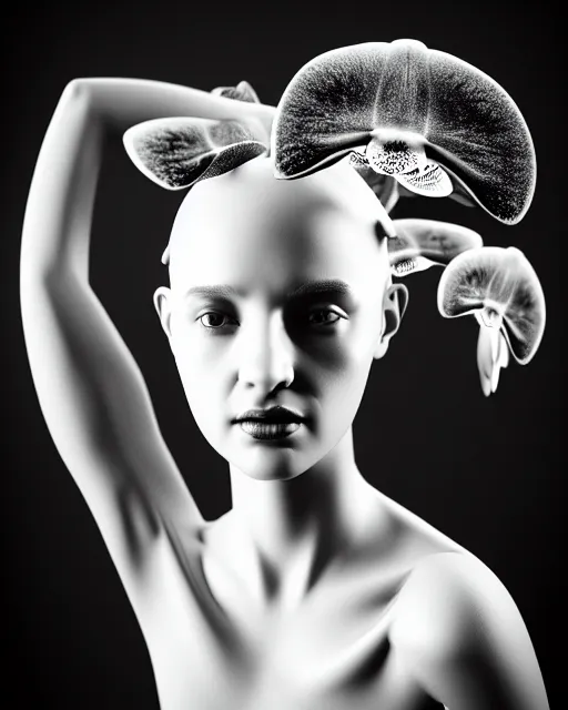 Prompt: surreal mythical dreamy dark artistic black and white fine art photo of a monumental wax sculpture of a delicate young female cyborg - orchid with a luminous brain, rim light, cinematic, studio dramatic light, poetic, octane render, 8 k, photo - realistic
