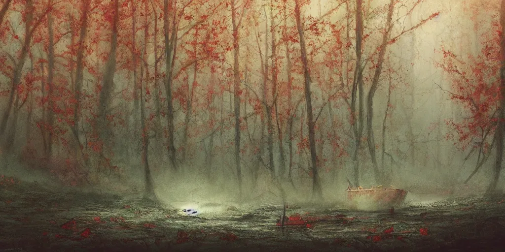 Image similar to an old broken ship in an autumn forest, green and red tones, by Aron Wiesenfeld and beksincki, cinematic, detailed illustration, nature, fog, dark colors, suspense, intricate, 8k