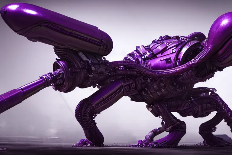 Image similar to alien military three legged tripedal tripod, metal laser tentacles, purple, futuristic, apocalyptic, by jon aaron kambeitz, katsuhiro otomo, heng z, concept art, insanely detailed, raytracing, octane, unreal engine, trending on artstation