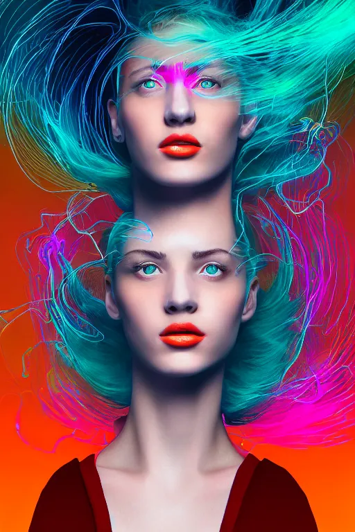 Image similar to a award winning half body portrait of a beautiful woman with stunning eyes in a croptop denim jacket and cargo pants with ombre red orange teal hairstyle head in motion and hair flying while dancing by thomas danthony, surrounded by whirling illuminated lines, outrun, vaporware, shaded flat illustration, digital art, trending on artstation, highly detailed, fine detail, intricate
