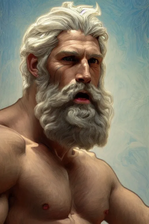 Prompt: painted portrait of rugged zeus, god of thunder, greek god, white hair, masculine, mature, handsome, upper body, muscular, hairy torso, fantasy, intricate, elegant, highly detailed, digital painting, artstation, concept art, smooth, sharp focus, illustration, art by gaston bussiere and alphonse mucha