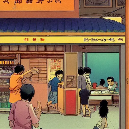 Image similar to a singaporean kopitiam, by satoshi kon