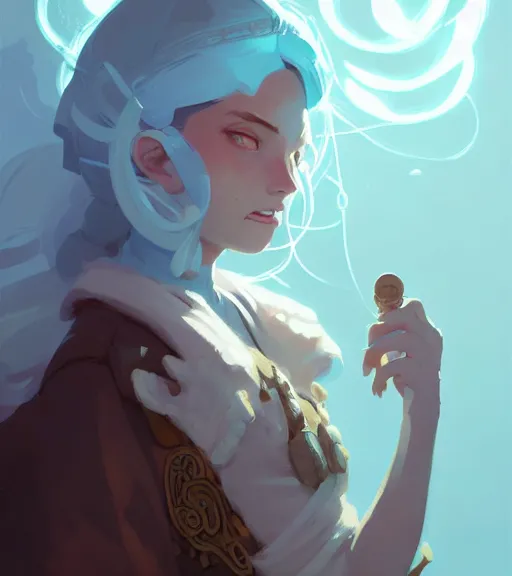 Image similar to portrait princess working as a healer, dnd character, by atey ghailan, by greg rutkowski, by greg tocchini, by james gilleard, by joe fenton, by kaethe butcher, dynamic lighting, gradient light blue, brown, blonde cream and white color scheme, grunge aesthetic