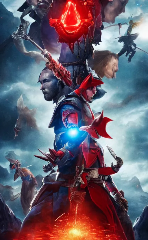 Image similar to a mind - blowing, epic movie poster, depicting a battle between red and blue fantasy style wizards, wearing wizard hats, magic, cinematic, dnd, high quality, marvel movie