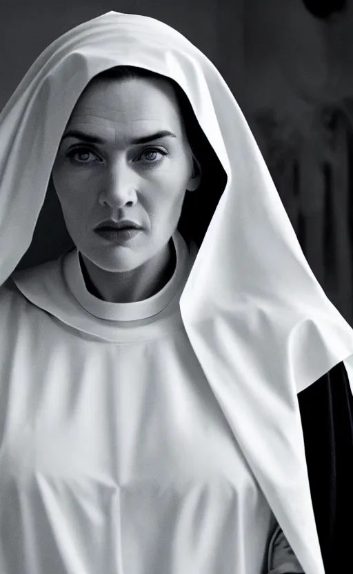 Prompt: kate winslet as a nun, intricate, cinematic lighting, highly detailed, canon 3 5 mm photography, horizontal symmetry, smooth, sharp focus