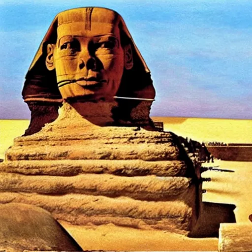 Image similar to the sphinx with the head of john cleese, young john cleese's head on the sphinx, painting by salvador dali