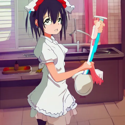 Image similar to cute anime maid cleaning, character drawing, studio ghibli, animation, vivid line art, award winning, trending on artstation,