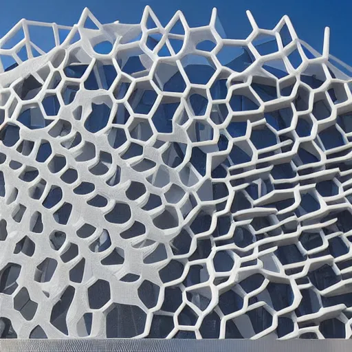 Image similar to 3d printed Hexa façade , Voronoi, parametric design, telephoto lens