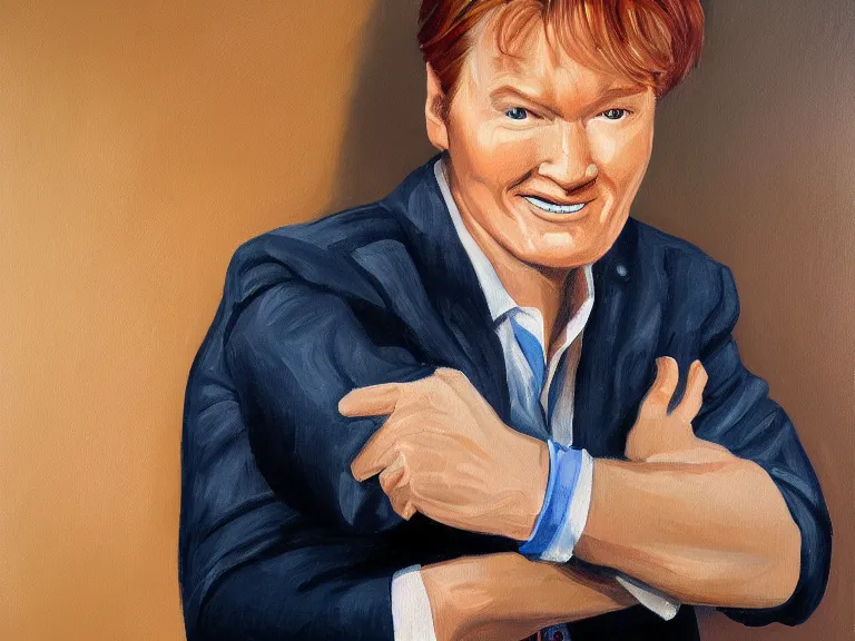 Image similar to portrait of conan o'brien with an hand on his chin, painting by jose malhoa, high detail, high resolution
