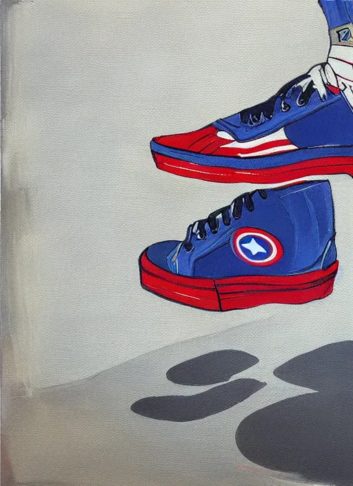 Image similar to Captain America sneaker, view from the side, Light Mode, Future Funk, Painted By Lawrence Pelton