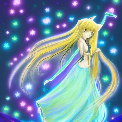 Image similar to digital painting of a long hair anime lady ELF dancing in the moonlight in the style of Sakimichan