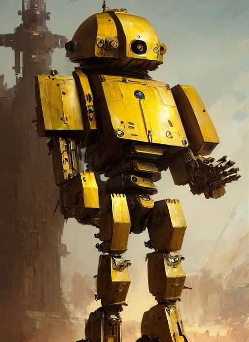 Image similar to human-sized strong intricate yellow pit droid carrying very detailed great sword and beautiful large paladin shield, pancake short large head, exposed metal bones, painterly humanoid mecha, by Greg Rutkowski