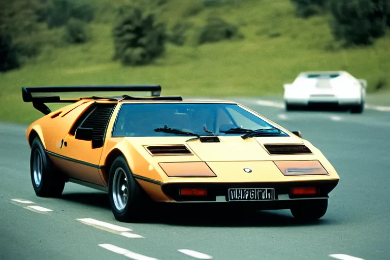 Image similar to 1975 De Tomaso Pantera BMW M1 Countach, movie still, speed, cinematic Eastman 5384 film