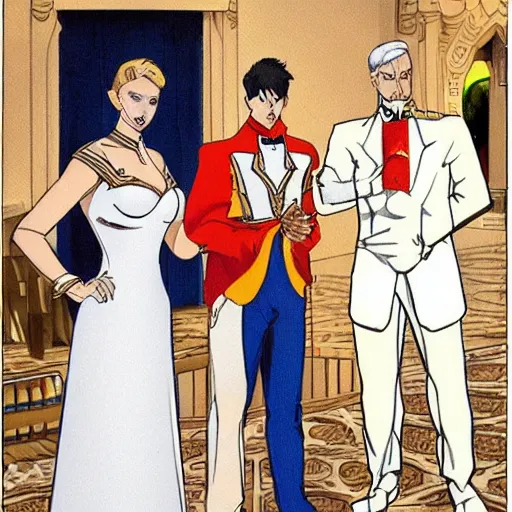 Image similar to heroic square - jawed emotionless serious blonde woman starship engineer, tribal tattoos, handsome, short slicked - back hair, sweating, uncomfortable and anxious, wearing white and gold satin victorian gown with white feathers at opulent formal dinner, looking distracted, awkward, mike mignogna, david mack