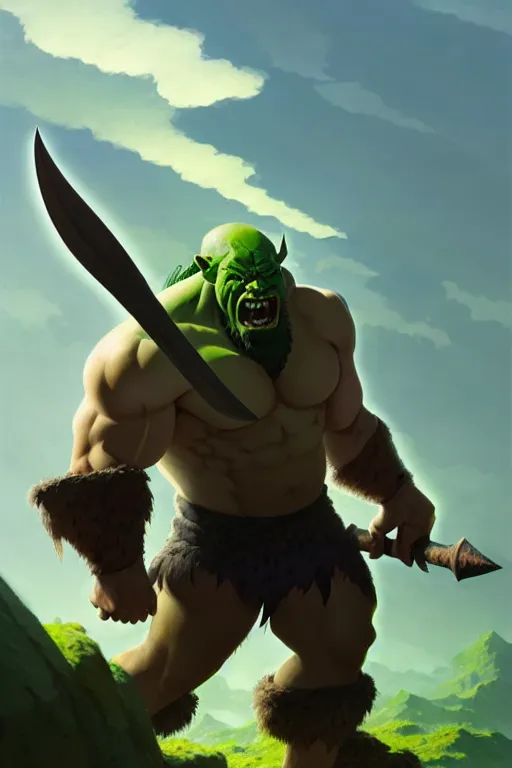 Image similar to orc barbarian male, green skin, exquisite details, big axe, earth magic, mid view, design on a white background, by studio muti, greg rutkowski makoto shinkai takashi takeuchi studio ghibli