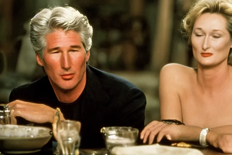 Image similar to richard gere and meryl streep play two vampires, scene from film