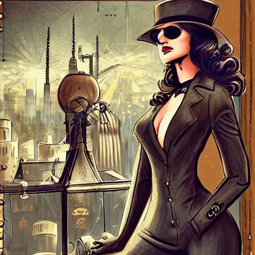 Prompt: a sexy woman in Victorian apparels wearing steampunk glasses looking at a steampunk big city while airships cross the sky, D&D style, sharp focus, ultradetailed, photorealism, art by artgem and renato rei, as seen in Senescope Entertaiment Comics