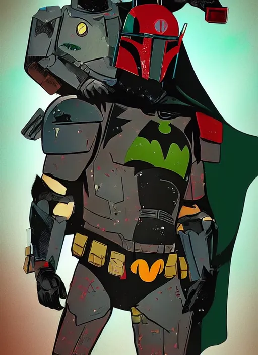 Image similar to batman x boba fett, digital art, character mashup, epic lighting, combination art