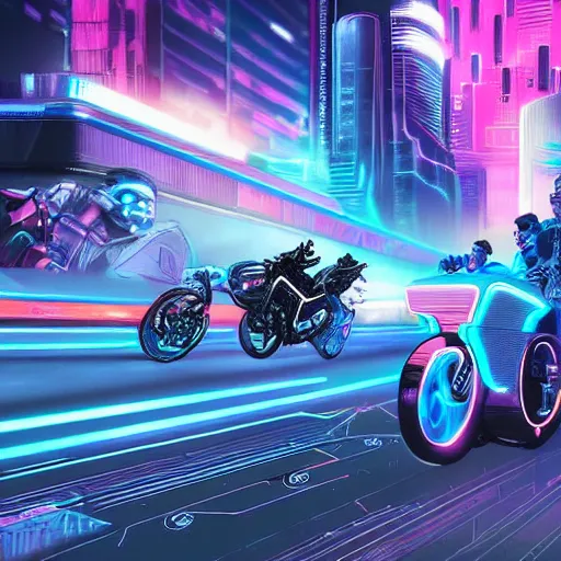 Image similar to cyberpunk, synthwave, cubo - futurism, darksynth, synthwave, retrowave, highly detailed digital art of a tron cyberbike race