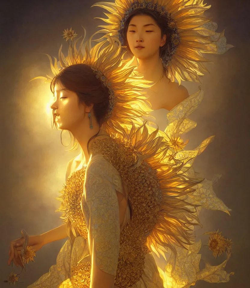 Prompt: sacred sunflowers, mongolian goddess, emiting mystical light, intricate, elegant, highly detailed, my rendition, digital painting, artstation, concept art, smooth, sharp focus, radiant light, illustration, art by artgerm and greg rutkowski and alphonse mucha