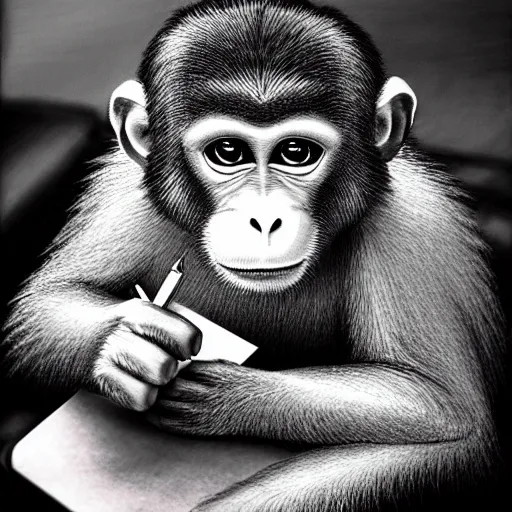 Image similar to monkey studying writing in a notebook, 4k, HD, Full-HD, Super-Resolution, by Laurie Lipton