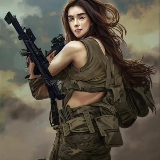 Image similar to special navy seal girl in firefight, anime style, long hair, hair down, symmetrical facial features, us navy, hyper realistic, pale skin, 4k, rule of thirds, extreme detail, detailed drawing, trending artstation, hd, fantasy, D&D, realistic lighting, by Alphonse Mucha, Greg Rutkowski, sharp focus, backlit