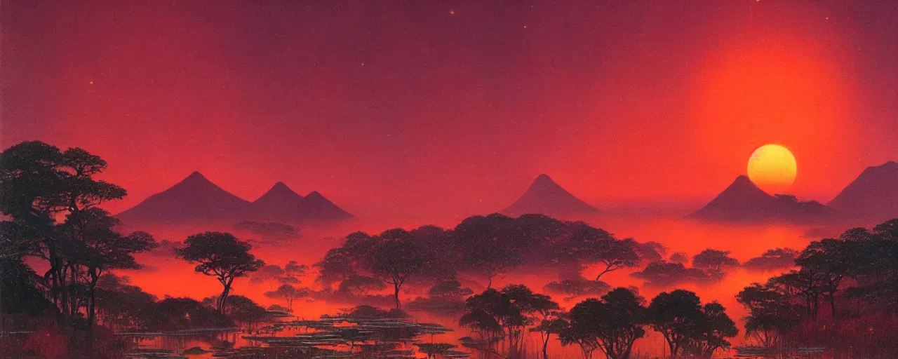 Image similar to awe inspiring bruce pennington landscape, digital art painting of 1 9 6 0 s, japan at night, red sunset, 4 k, 8 k, detailed