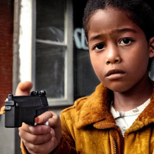 Prompt: a still shot from a movie about an orphan that carries a gun and sells drugs, realistic, nyc,