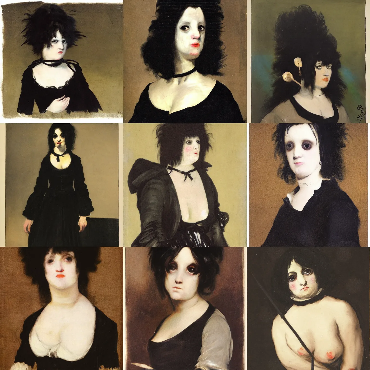 Prompt: A goth painted by Francisco Goya. Her hair is dark brown and cut into a short, messy pixie cut. She has a slightly rounded face, with a pointed chin, large entirely-black eyes, and a small nose. She is wearing a black tank top, a black leather jacket, a black knee-length skirt, a black choker, and black leather boots.