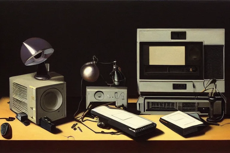 Prompt: still life painting of vintage computers by Caravaggio, oil on canvas, strong lighting, highly detailed, hyper realism, HD, 4K