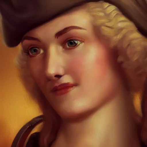 Image similar to smiling, beautiful, intelligent female pirate captain 3 5 years old, 1 9 4 0 s haircut, fully clothed, wise, beautiful, 1 7 5 0 s oil painting, dramatic lighting, trending on artstation, sharp focus