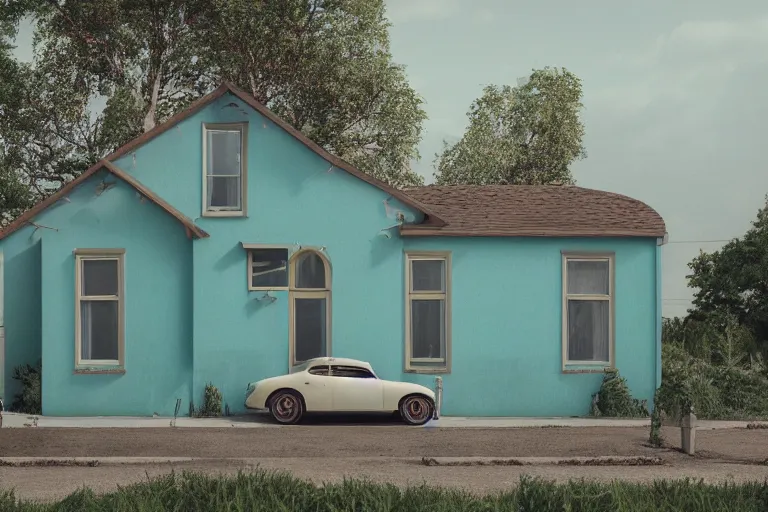 Prompt: environment, Victorian wood house, painted in teal, white windows, a precious Salix Babylonica, 1950 red Classy Jaguar parked around, moody lighting, afternoon time ,rule of thirds, 35mm, arch viz , Matte painting, octane render, 8k, corona render, movie concept art