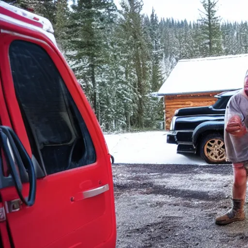 Image similar to photo of a person locked in a cabin with a madman outside, trying to get in with a metal pickup truck outside.