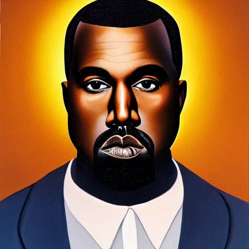 Image similar to very detailed portrait of kanye west backlit by a bright sky behind him, with very soft shading. painted by rene magritte, 1 9 2 7. oil on canvas.